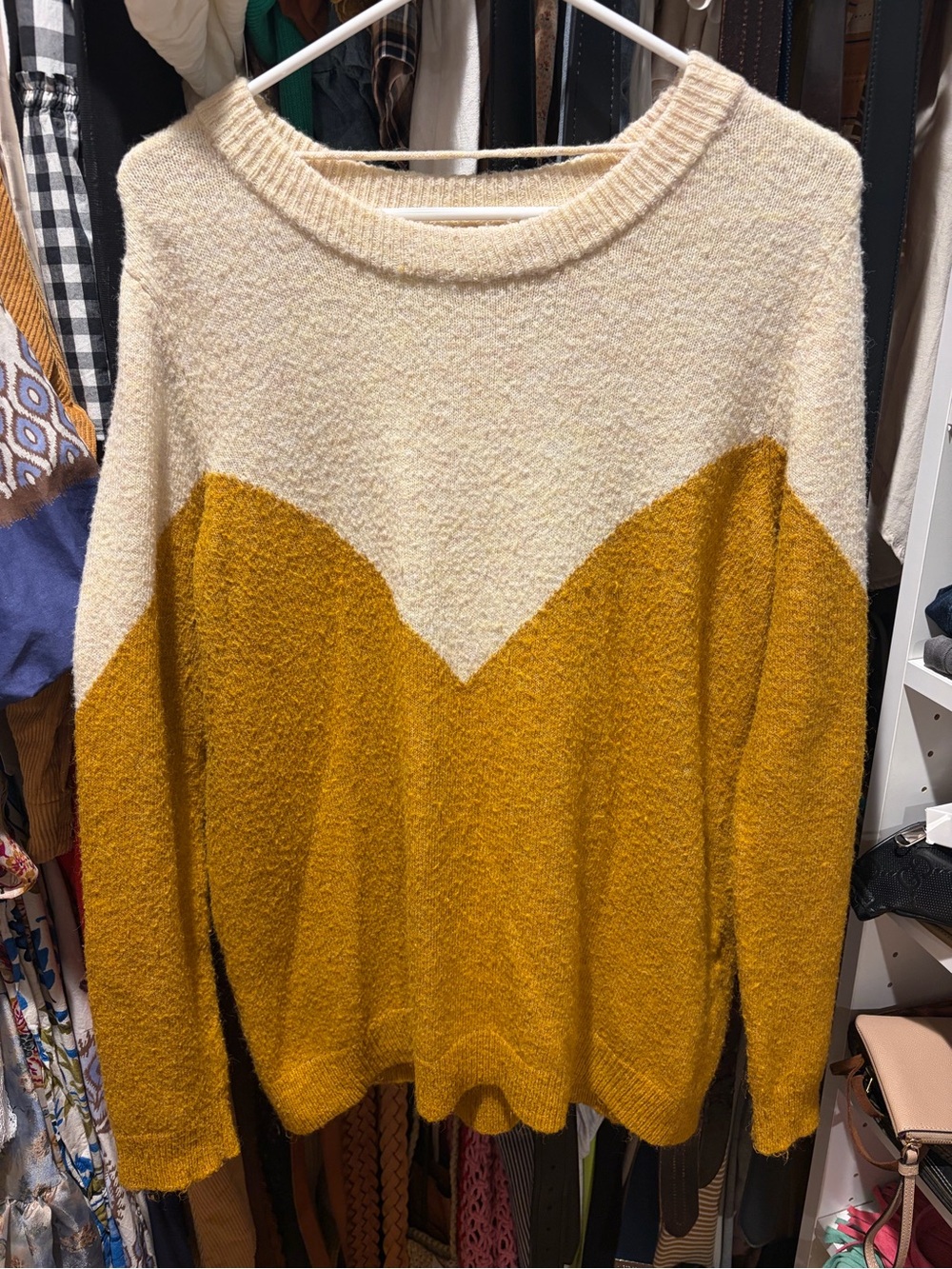 Vero Moda Mustard Yellow & Cream Colorblock Sweater XL Cozy Soft Knit
